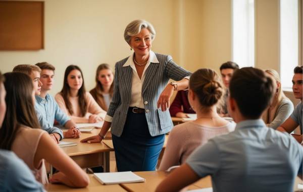 Učitelka na gymnáziu ve třídě se svými studenty