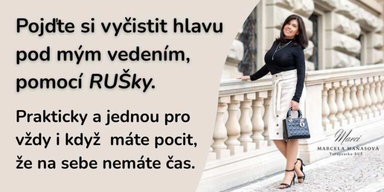 Banner s textem a terapeutka metody ruš Marcela Maňasová