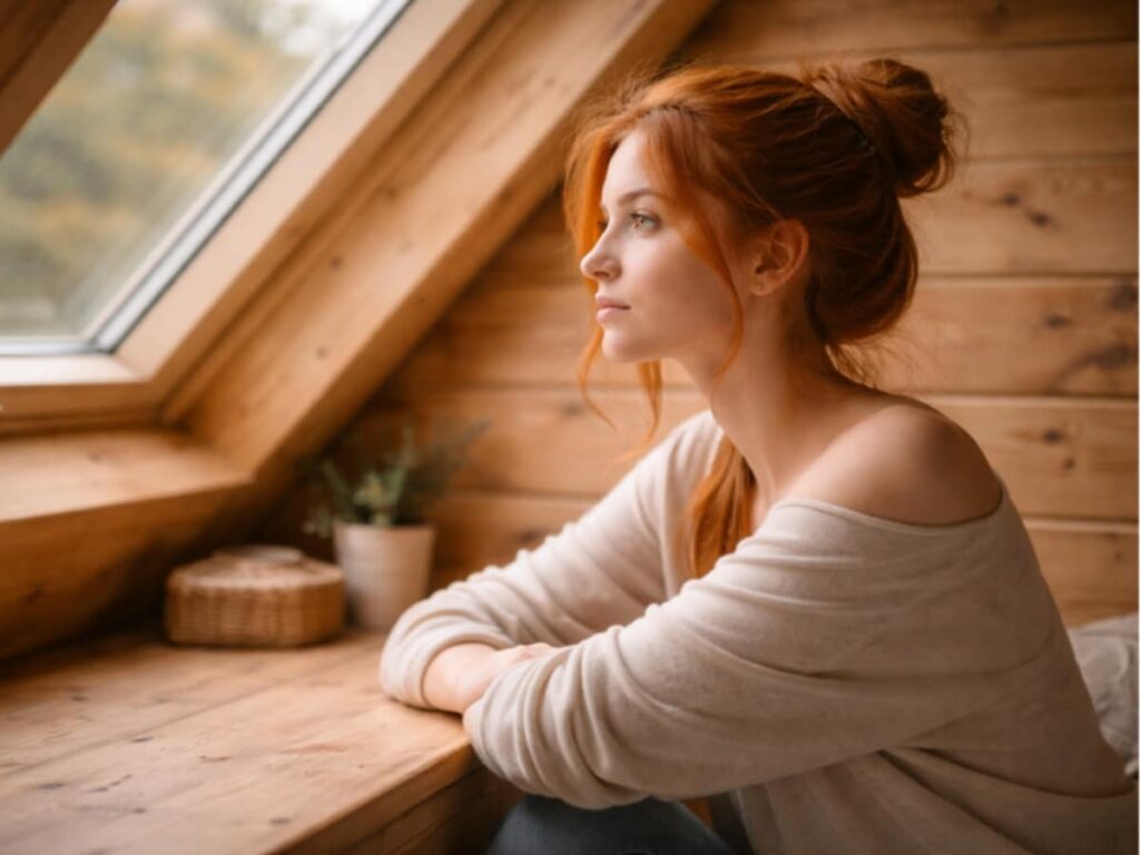 ilustrační obrázek dívka s rezavými vlasy u okna